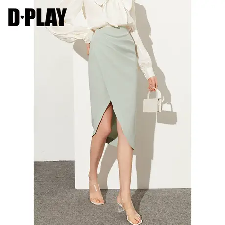 DPLAY夏新款休闲通勤风不对称捏褶设计感灰豆绿半身裙图片