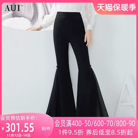 AUI黑色复古休闲裤子女2023夏新款高腰修身显瘦气质百搭微喇叭裤图片