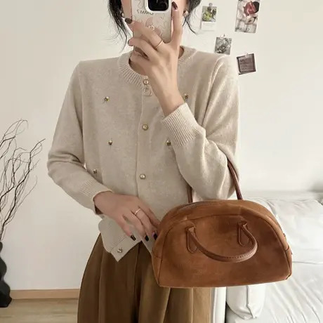 25221-浣熊绒圆领纯色长袖针织开衫上衣女士秋冬时尚百搭气质外套图片