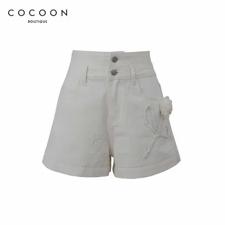 COCOON商场同款A字短裤24夏新女手工钉珠花朵装饰高腰百搭牛仔裤图片