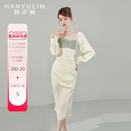 【清仓价】法式连衣裙女春秋新款气质修身显瘦高级感长袖方领裙子图片