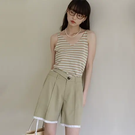 omont蛋挞家 复古毛边夏季休闲阔腿短裤女设计感拼色A字直筒短裤图片
