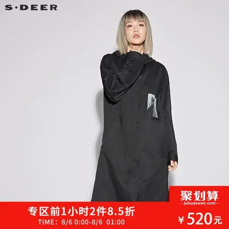 sdeer圣迪奥2018秋装宽松连帽印花长款及膝风衣外套女S18181811图片