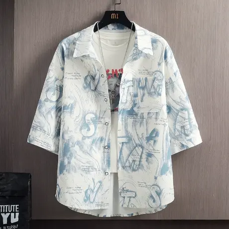 冰丝短袖衬衫男士夏季字母印花七分袖衬衣男青少年宽松休闲上衣服图片
