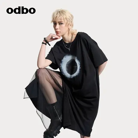 odbo/欧迪比欧T恤裙夏季女时尚印花不规则设计拼接连衣裙宽松休闲图片