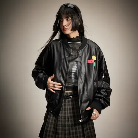 美式街头风潮牌棒球服外套女2024春季新款复古PU皮夹克情侣装上衣商品大图