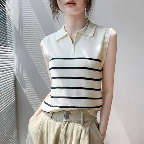 韩版POLO领拉链无袖针织衫女2025夏季新款条纹高级感修身显瘦上衣图片
