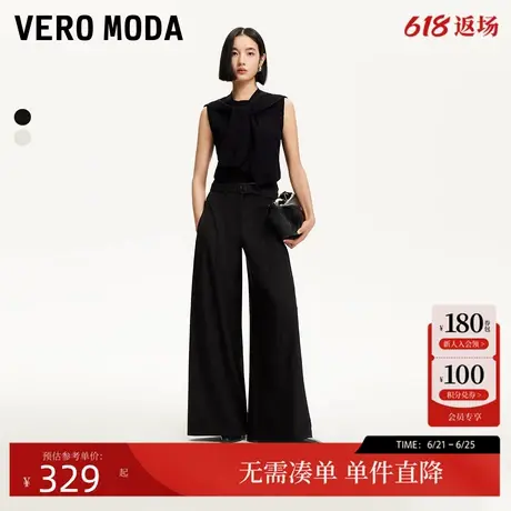 Vero Moda休闲裤2025夏季新款压褶腰带装饰宽松含亚麻阔腿裤简约图片