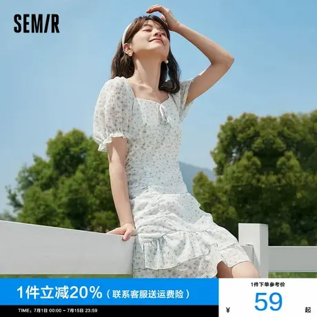 森马连衣裙女方领荷叶边优雅2024夏季新款肌理雪纺碎花裙法式短裙图片