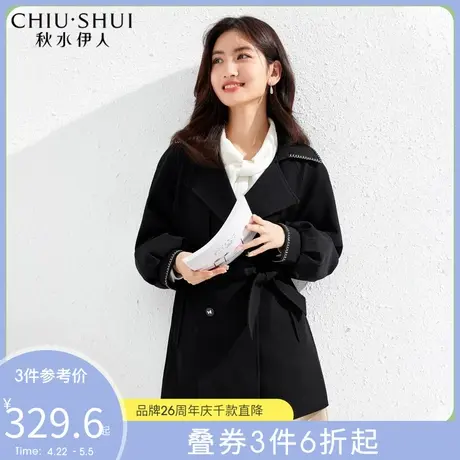秋水伊人简约撞色花边风衣2022年春季新款女装减龄俏皮泡泡袖外套图片