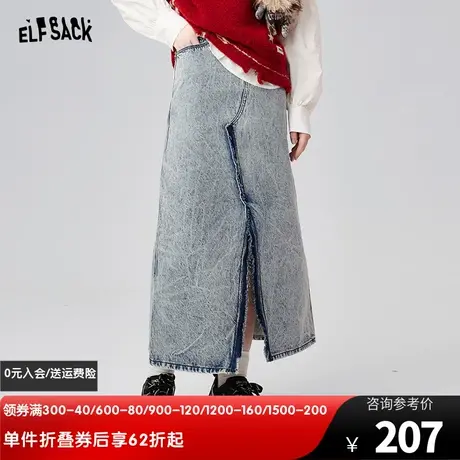 妖精的口袋高腰复古牛仔半身裙女2024早春新款开叉毛边设计感长裙图片