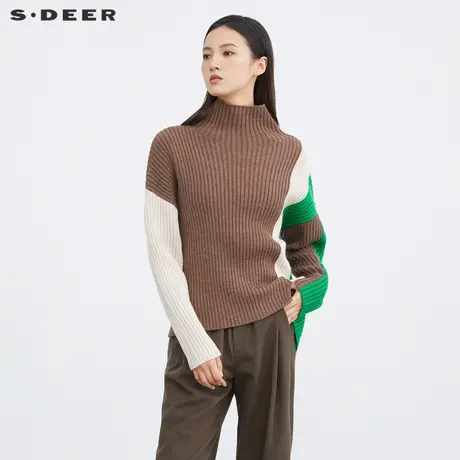 sdeer圣迪奥女装高领撞色拼接宽松针织衫S224Z3515图片