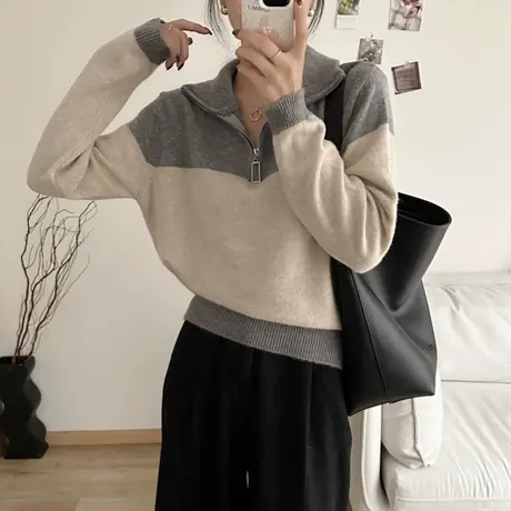 25238-浣熊绒立领拼色长袖针织衫秋冬宽松厚款内搭套头百搭休闲图片