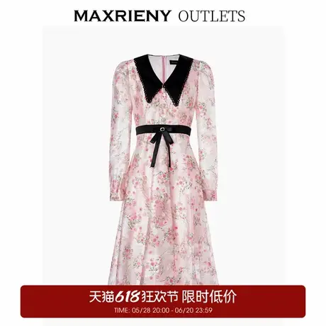 【奥莱】MAXRIENY温柔春日少女感桃花印花撞色连衣裙修身长裙图片