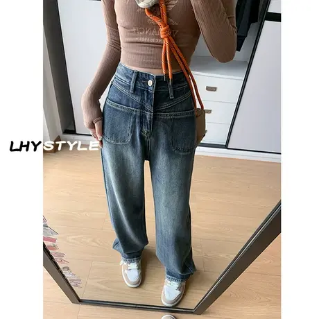 复古蓝窄版阔腿牛仔裤女2023年秋季新款显瘦修身百搭宽松直筒裤子图片
