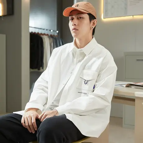 唐狮白色衬衫男士春秋新款衬衣高级感长袖衬衫穿搭痞帅外套工装潮图片