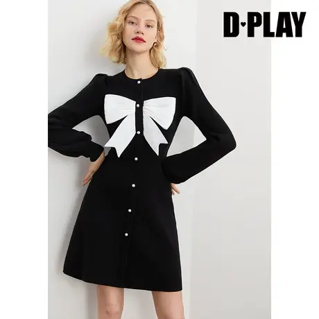 DPLAY秋新新款复古黑色圆领泡泡袖胸前立体蝴蝶结连衣裙图片
