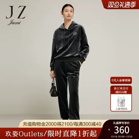 JZ玖姿官方奥莱暗云衫灰色丝绒卫衣女冬新款运动休闲帽款宽松上衣图片