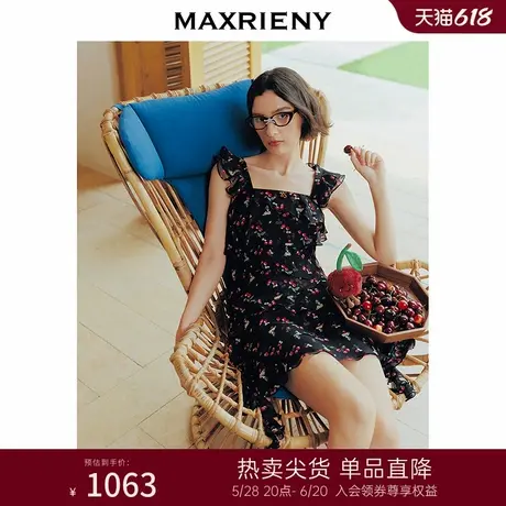 MAXRIENY夏日樱桃裙甜美度假风连衣裙荷叶边印花连衣短裙图片