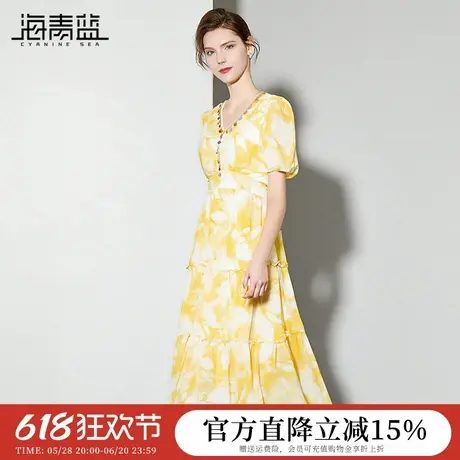 海青蓝 连衣裙夏女2025新款短袖扎染女装高级时尚气质法式裙子图片