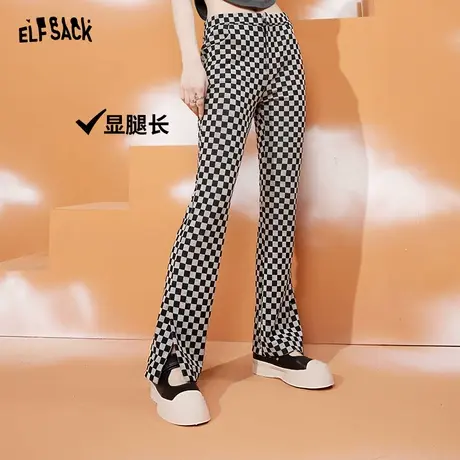 妖精的口袋棋盘格喇叭裤女2023秋季新款格子裤垂感显瘦休闲裤子潮图片