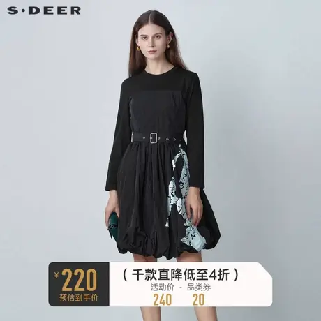 sdeer圣迪奥女装春秋装圆领收腰撞色国风印花连衣裙S221Z1218图片