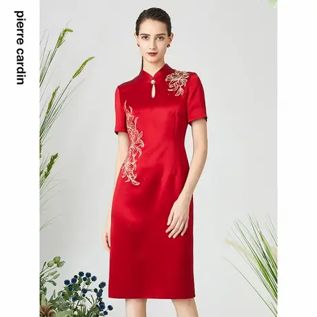 皮尔卡丹女春季酒红色旗袍礼服醋酸连衣裙【专柜正品】图片