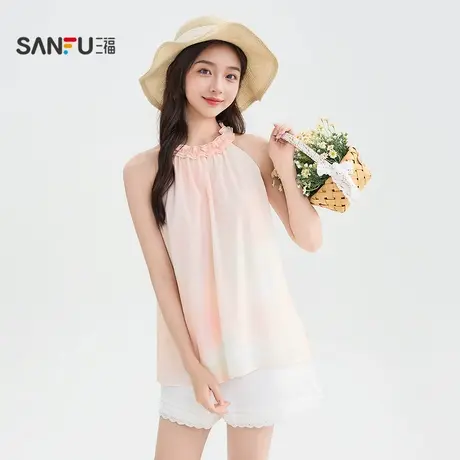 三福短衬衫2025夏季花边挂脖设计晕染宽松圆领上衣女装503644商品大图