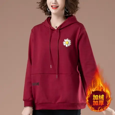 加绒加厚卫衣女秋冬新款加肥加大码女装宽松中年妈妈连帽显瘦上衣图片