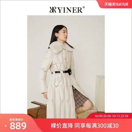 YINER音儿女装2021冬季新款长款獭兔毛翻领鹅绒羽绒服图片