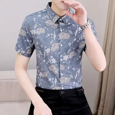 男士时尚碎花衬衫短袖夏季帅气半袖衬衣韩版潮流上衣青年休闲寸衫图片