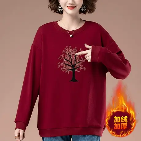 加绒卫衣女秋冬加肥加大码女装宽松中年妈妈刺绣加厚上衣打底衫女图片