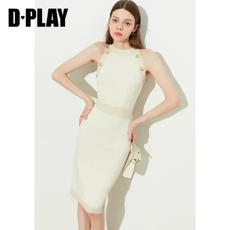 DPLAY 秋新小香风时尚奶油杏圆领无袖拼色修身包臀针织连衣裙图片