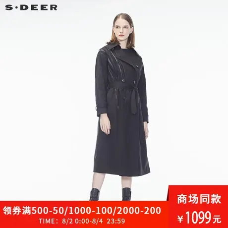 sdeer圣迪奥2019春装新款贴布双排扣系带长款风衣外套女S18381843图片