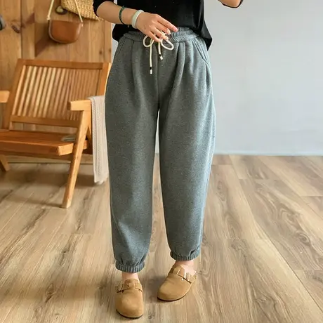 dza 高腰显瘦加厚灰色卫裤女冬休闲加绒裤子宽松阔腿裤直筒运动裤图片