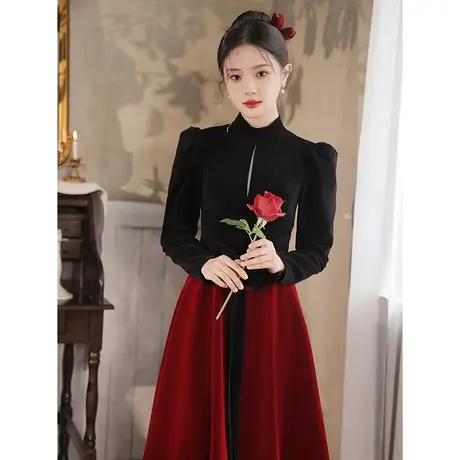 长袖敬酒服新娘2023新款冬季结婚订婚晚礼服裙高端轻奢小众中长款图片