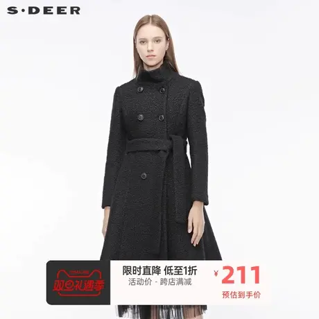 sdeer圣迪奥女季新款休闲高领双排扣抽绳收腰纯黑大衣S19481853图片