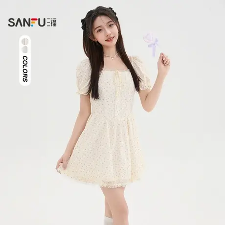 三福连衣裙2025夏季双层蕾丝花边泡泡袖收腰短裙女装500415图片