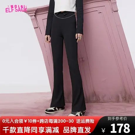 妖精的口袋翻腰黑色喇叭裤女2023秋季新款长裤高腰设计感休闲裤子图片
