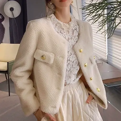 粉红大布娃娃双色菠萝纹甜美圆领短款外套小香风羊毛厚皮草女冬图片