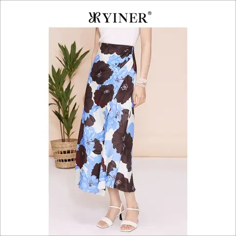YINER音儿女装夏季艺术印花桑蚕丝不规则裙摆半身裙图片