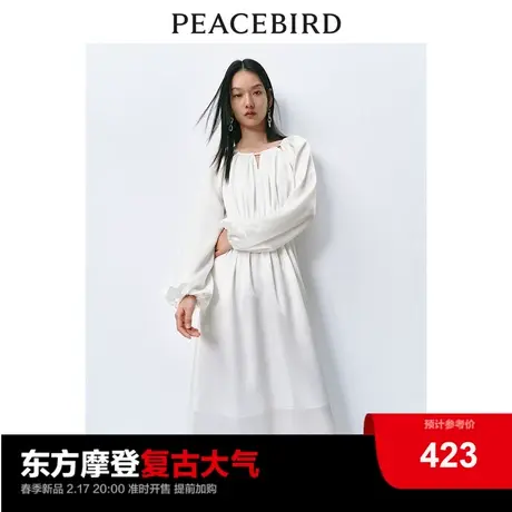 太平鸟法式镂空慵懒连衣裙2025春度假风长袖雪纺飘逸长裙气质图片