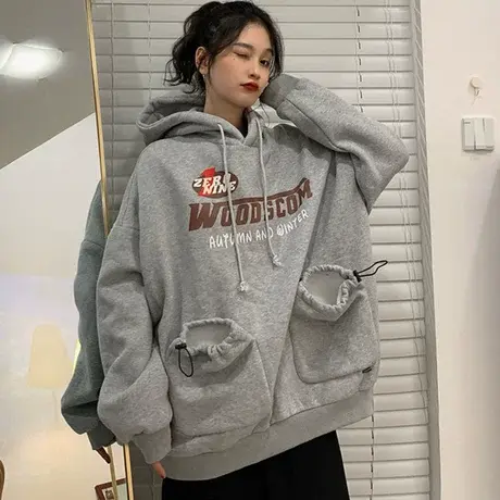 美式hiphop炸街卫衣女2021宽松韩版潮ins设计感小众加绒加厚外套图片