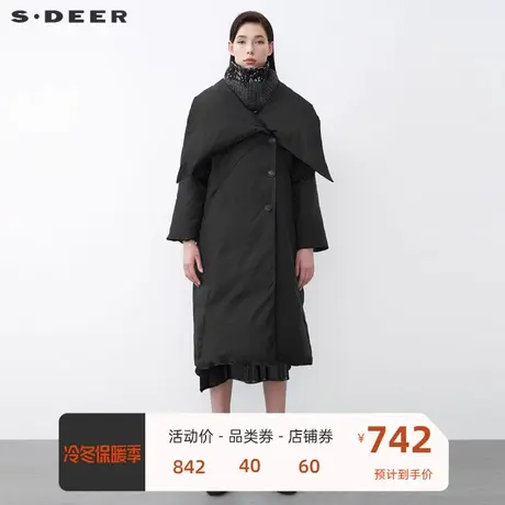 sdeer圣迪奥女装不规则领拼接围脖两件长款羽绒服S21482422图片