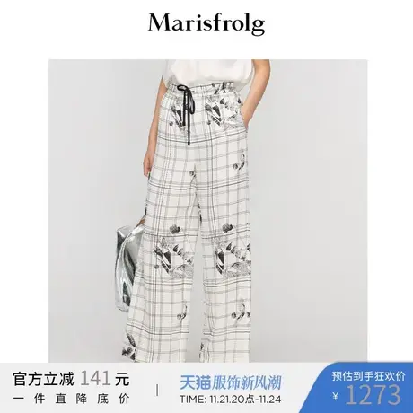 玛丝菲尔2022夏季新款格纹小提花复古花朵印花阔腿休闲裤女图片