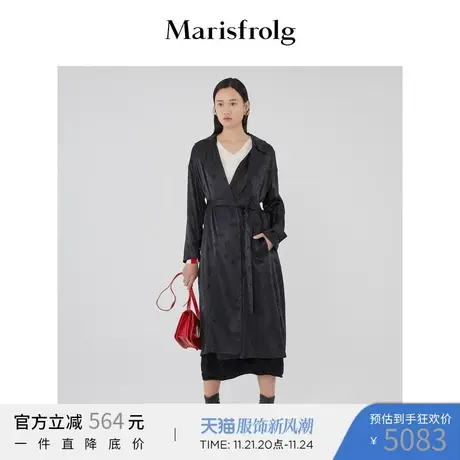 玛丝菲尔2022秋季新款抽绳高级感刺绣收腰气质黑色长款风衣图片