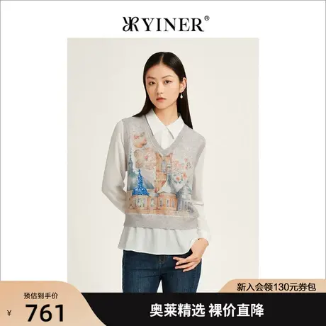 YINER音儿女装2022秋季新款假两件上衣亮片毛针织衫图片