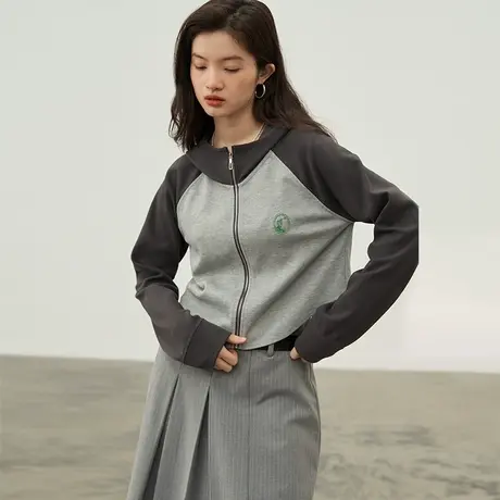 omont蛋挞家 复古慵懒连帽卫衣女秋季新撞色印花长袖外套上衣图片