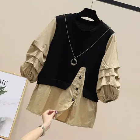 设计感小众假两件衬衫女2023年新款大码遮肚子宽松小个子衬衣春夏图片