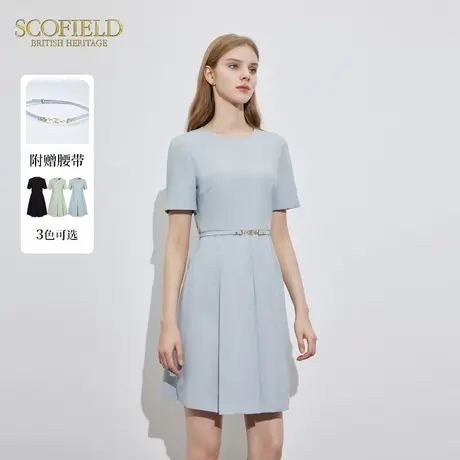 Scofield女装简约圆领短袖收腰薄荷绿连衣裙夏季裙子图片